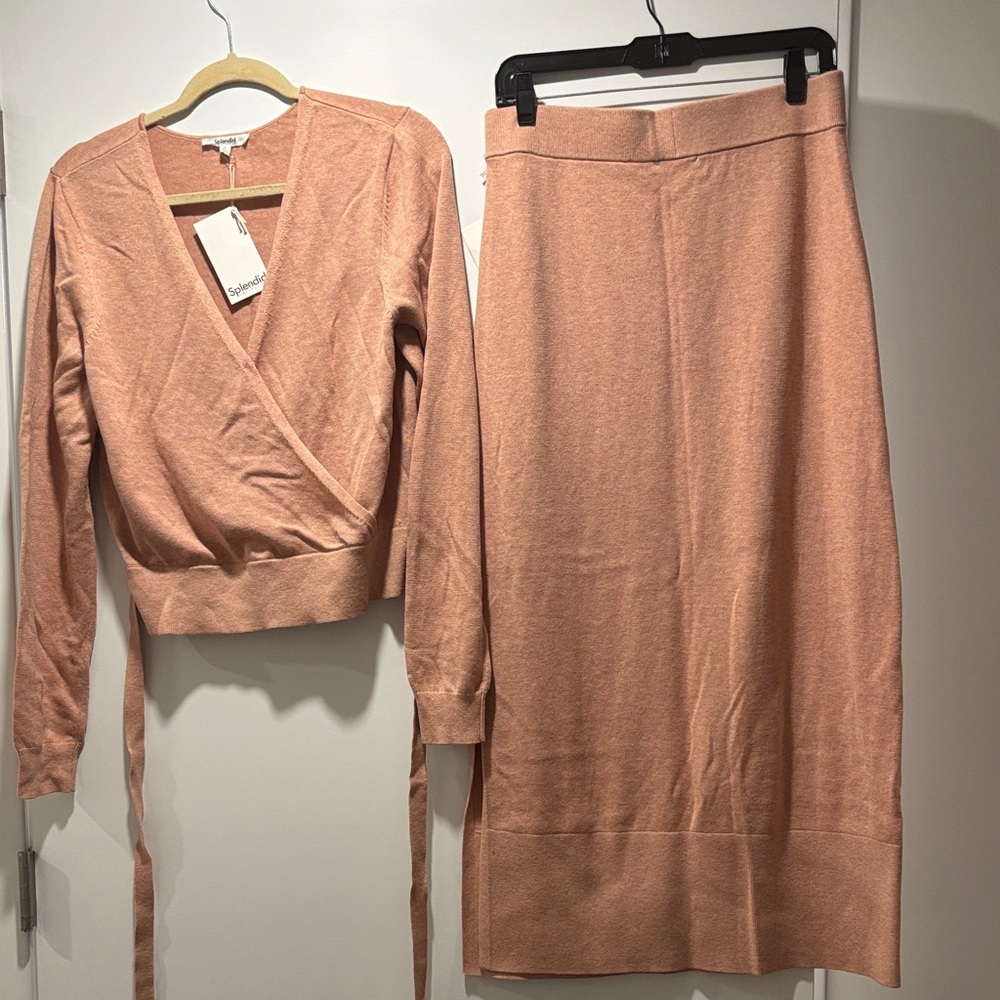 Elegant dusty rose wrap sweater and midi skirt set